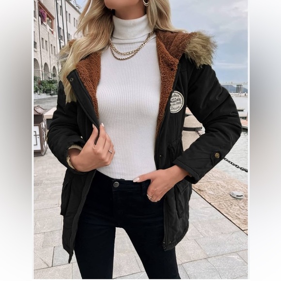 Essence Patch Detail Drawstring Waist Teddy Lined Fuzzy Trim Hooded Parka Coat - Picture 2 of 6